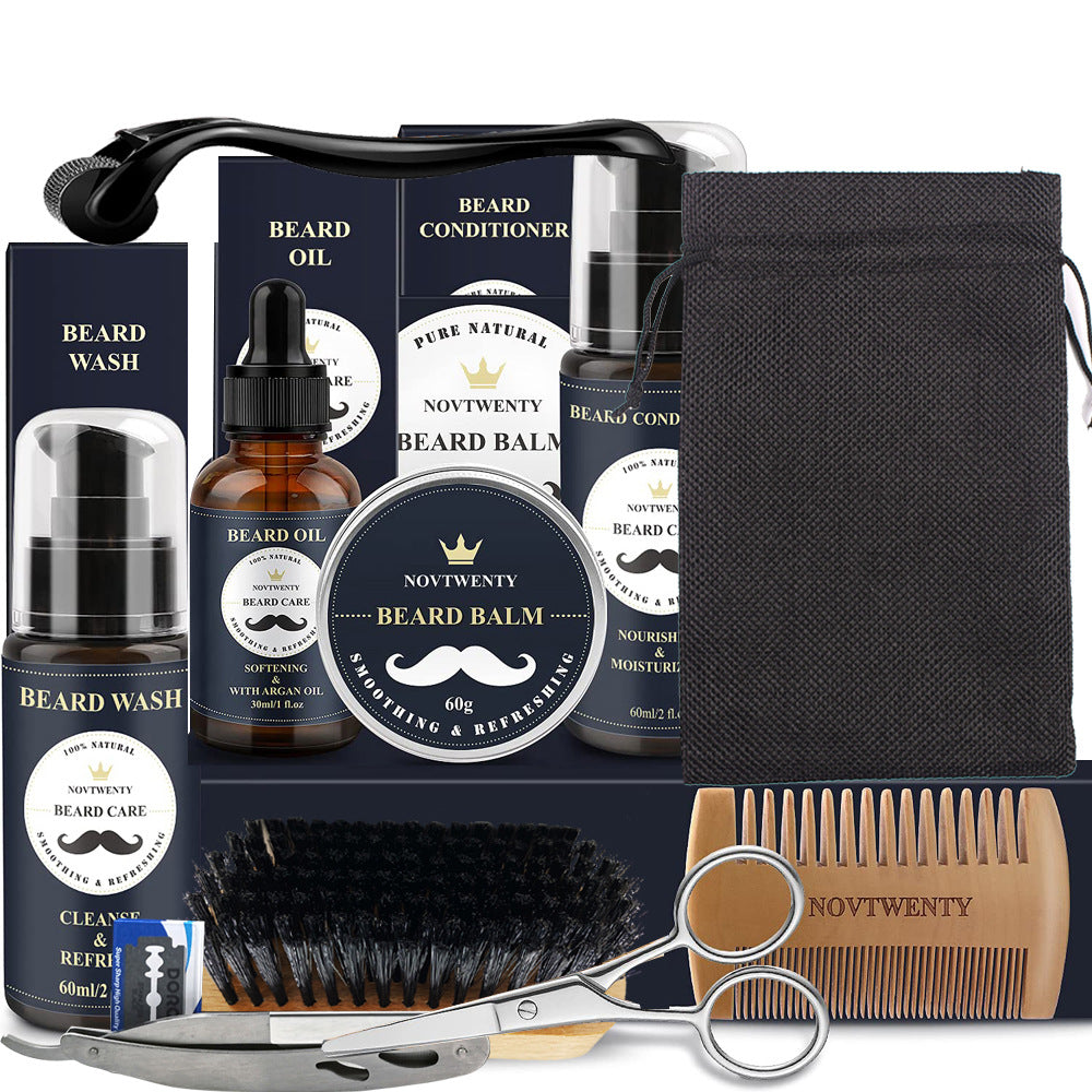 Care Roller Beard Care Balsam Comb Brush Pogonotomy Scissors Set