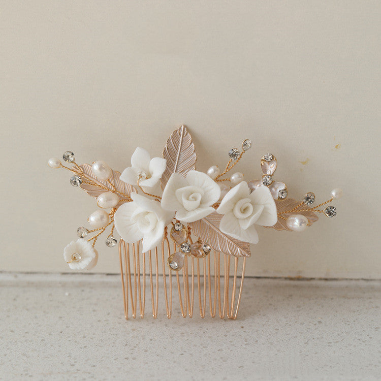 Ceramic Flower Freshwater Pearl Metal Hair Comb Bridal Headpiece