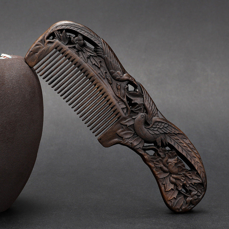 Wooden Ebony With Handle 180 Double-sided Carved Comb