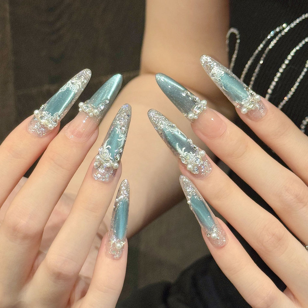 Ice-transparent Blue Crystal Cat-eye Pearl Whitening Nail Stickers