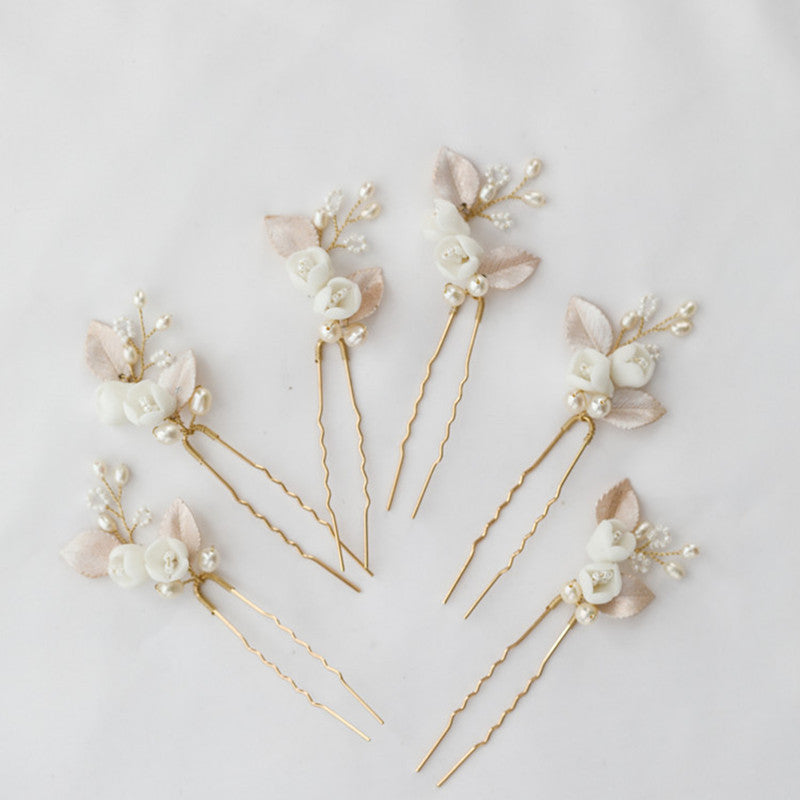 Bridal Ceramic Flower Natural Pearl Hair Fork