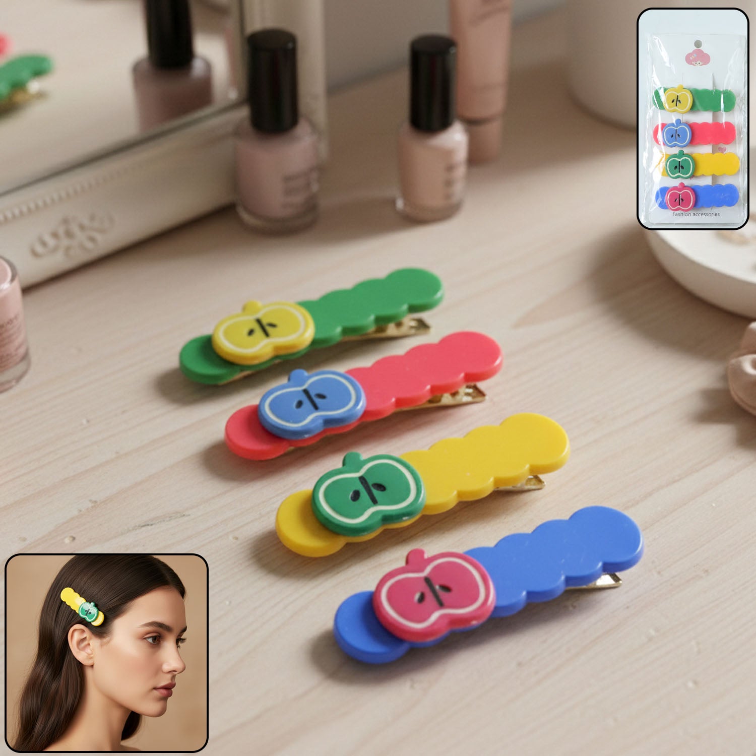 Cute Apple Design Hair Clip Set (4 Pc)