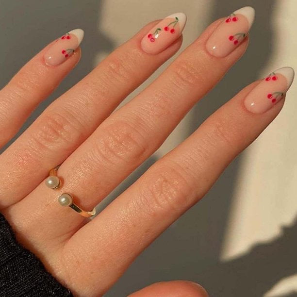 Cherry French Almond-Shape Removable Nail Tips Set Long Lasting Delicate And Girly Style