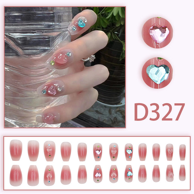 D327 Wearing Armor Removable Nail Tips Ice-transparent Blush White Heart Diamond