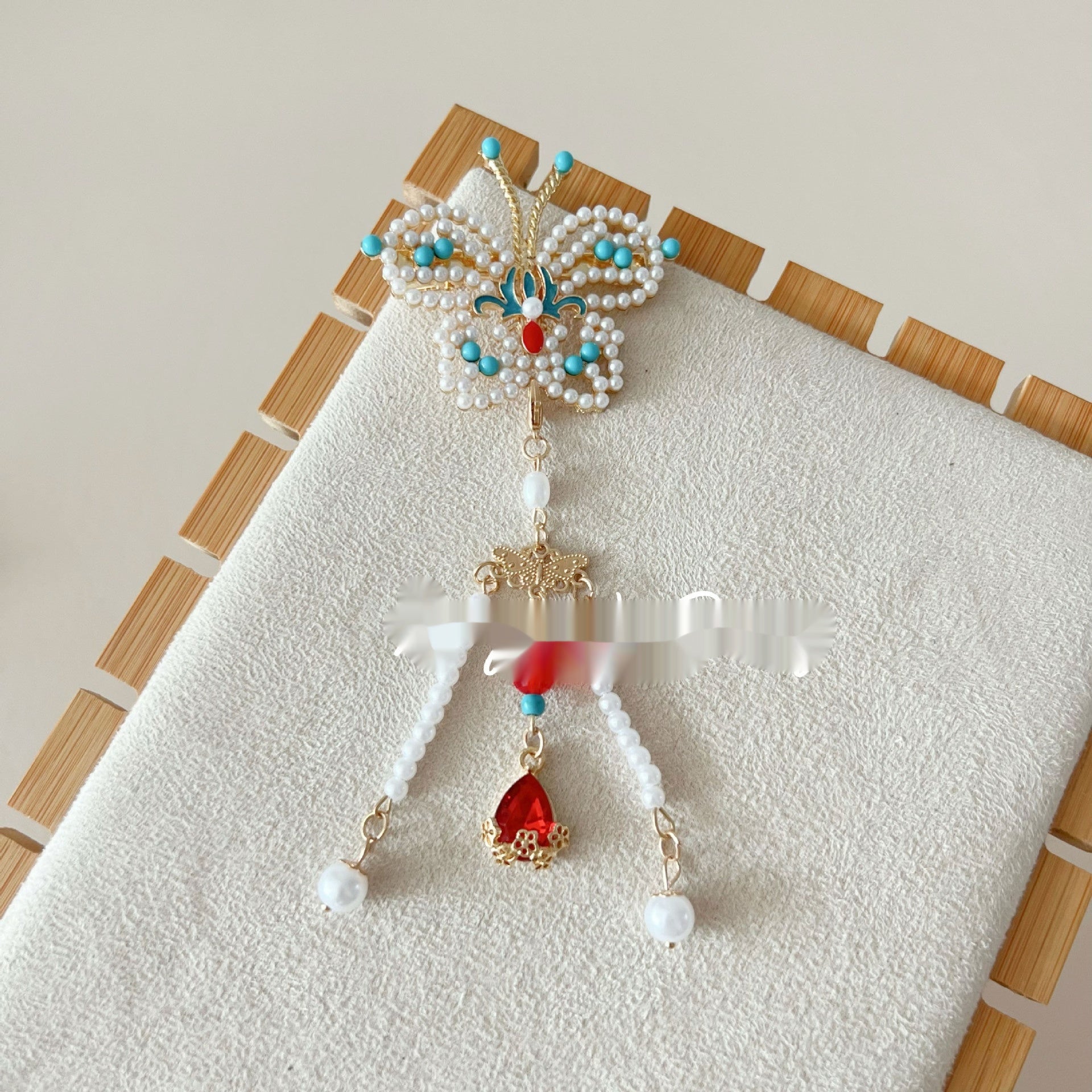 Antique Burning Blue Auspicious Cloud Pearl Butterfly Barrettes Fringed Headwear