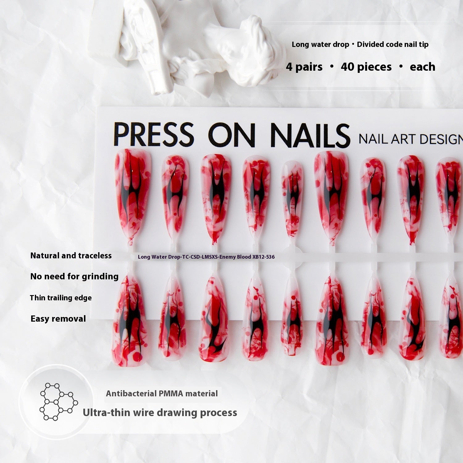 Press On Nails Wave Mark Wind Long Water Drop Nail Beauty Bright Surface