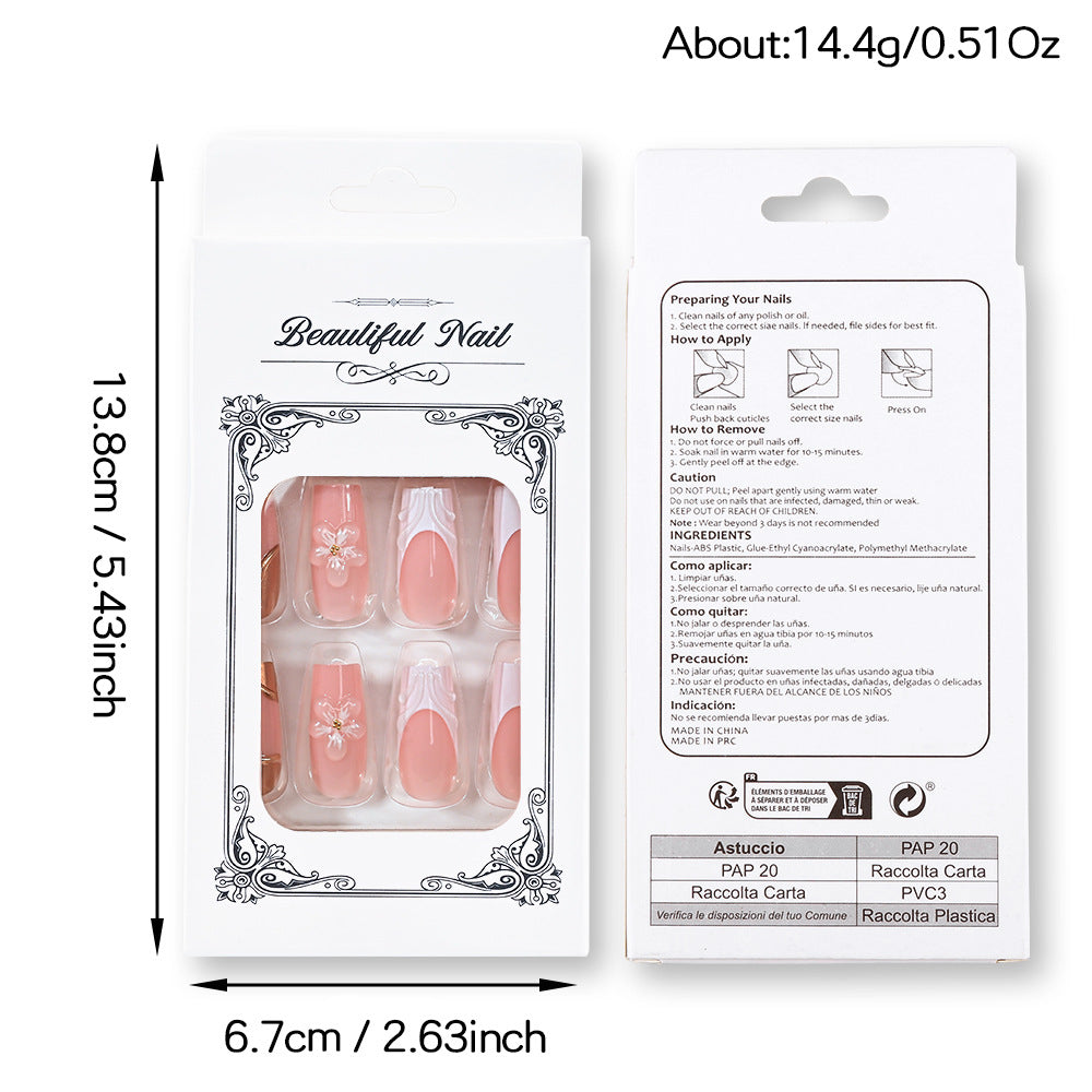 24-piece 3D Floral Gold-trimmed Plaid Artificial Nail Tips For Wearable Nails