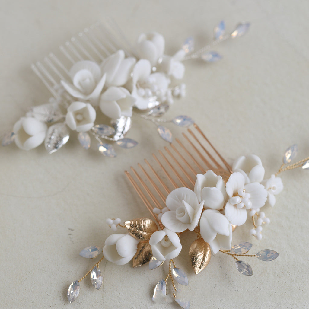 Ceramic Flower Hair Comb Protein Diamond Handmade Jewelry