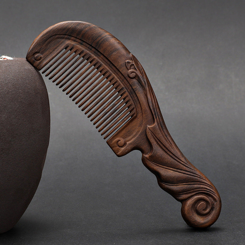 Wooden Ebony With Handle 180 Double-sided Carved Comb