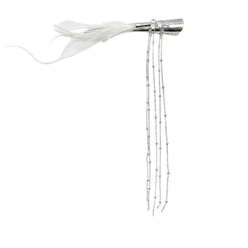 White Feather Tassel Duck Mouth Clip Headwear Hairpin Female