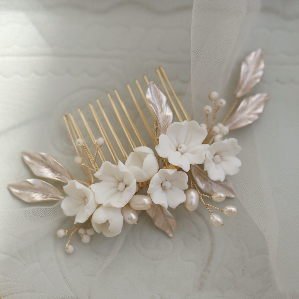 Hard Ceramic Flower Bridal Hair Comb Natural Pearl Handmade Headpiece