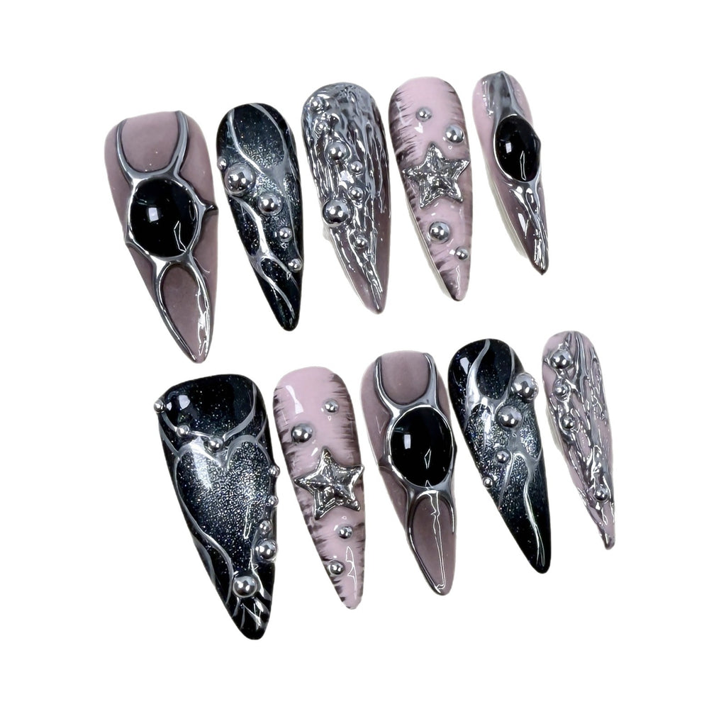 Dyed Nail European And American Long Pointed Nail Metal Hand Painted Ins Relief Sweet Cool