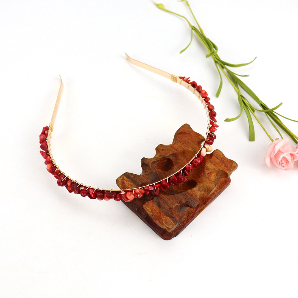 Winding Golden Double Row Natural Crystal Gravel Headband