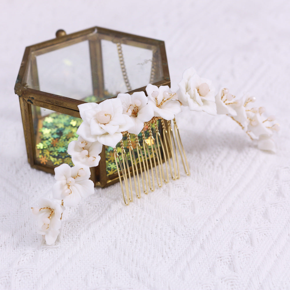 White Ceramic Flower Crystal Hair Comb