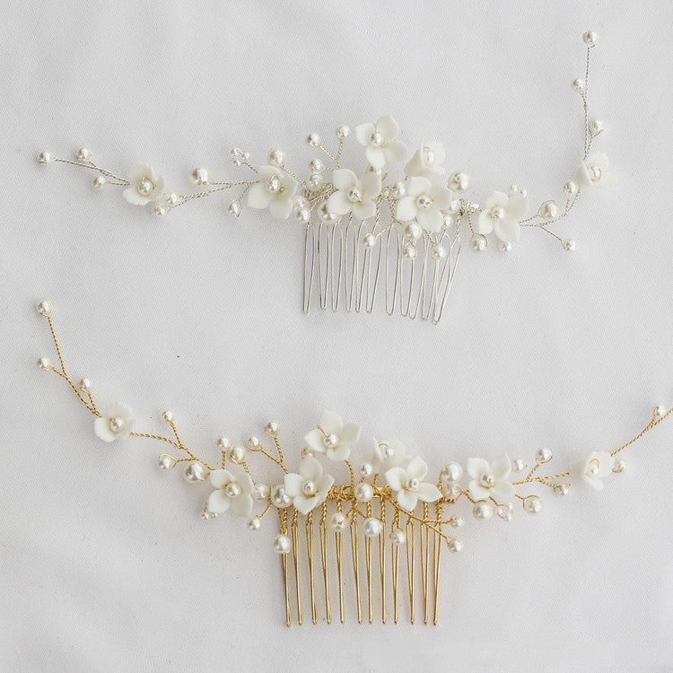 Ceramic Flower Hair Comb Gold Silver