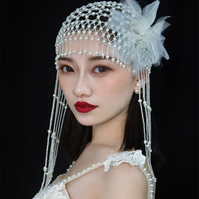 Tassel Pearl Hat Beaded Headwear Photo Accessories