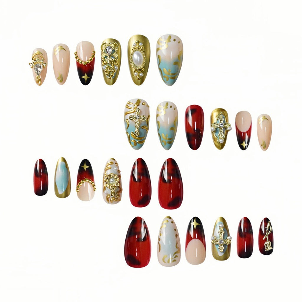 Best-selling Wine Red Gold Edge Wear Nail Patch Almond