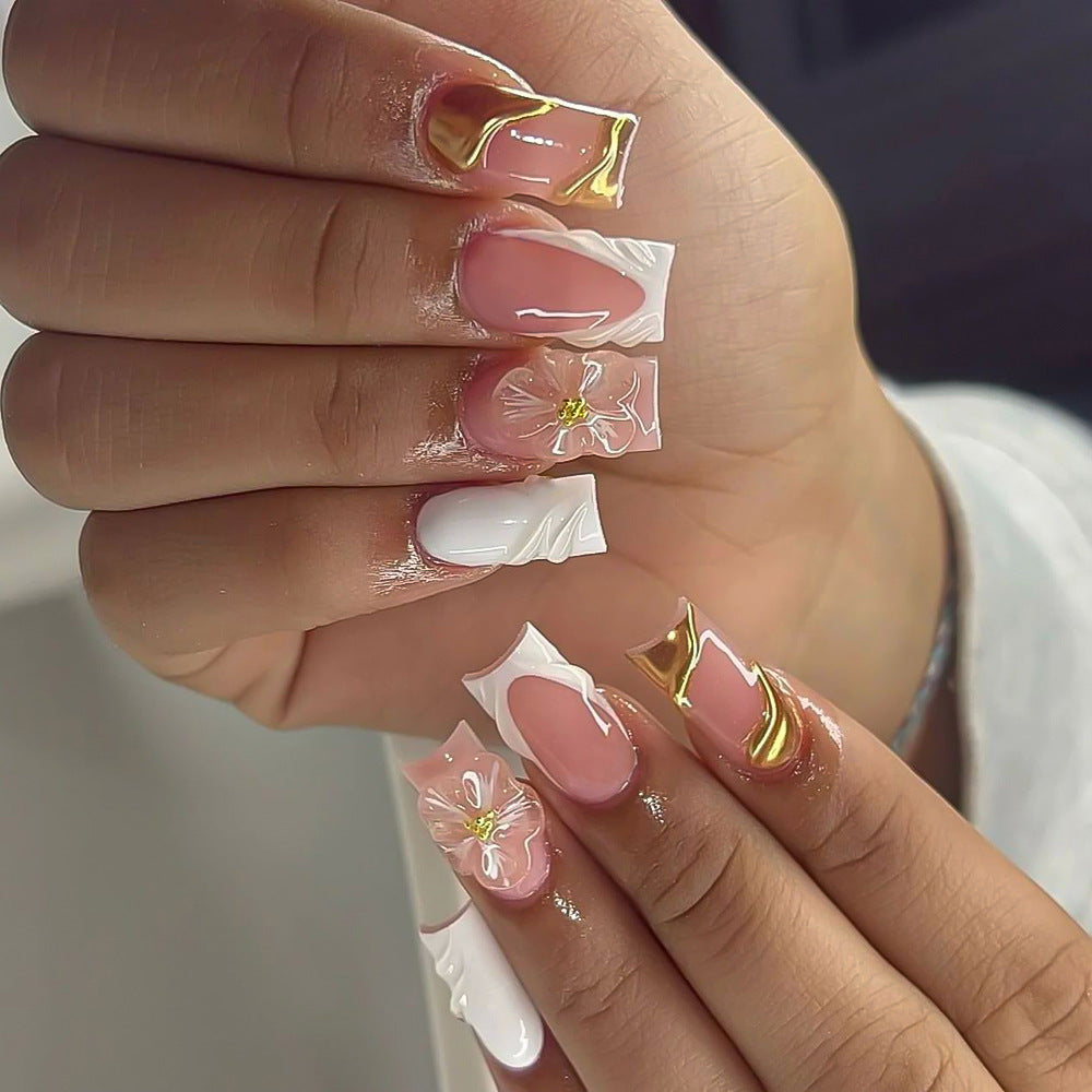 24-piece 3D Floral Gold-trimmed Plaid Artificial Nail Tips For Wearable Nails