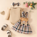 Girls' Fashion Minimalist Long Sleeve Triangle Rompers Bow Plaid Bear Doll Suspender Dress Hair Band Set