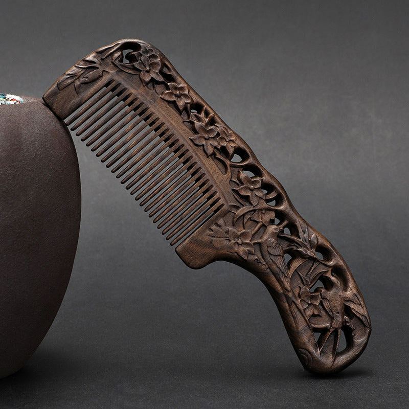 Wooden Ebony With Handle 180 Double-sided Carved Comb