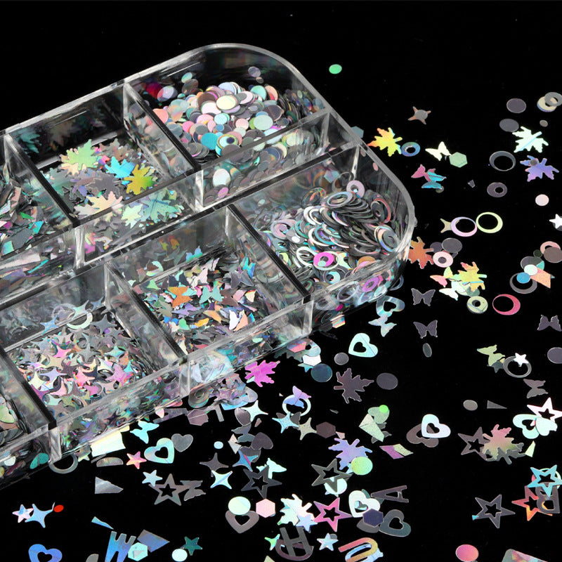 New 12-grid Boxed Mixed Color Nail Sequins Laser Maple Leaf Stars Heart DIY Ornament