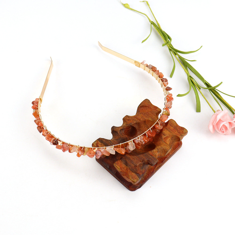 Winding Golden Double Row Natural Crystal Gravel Headband