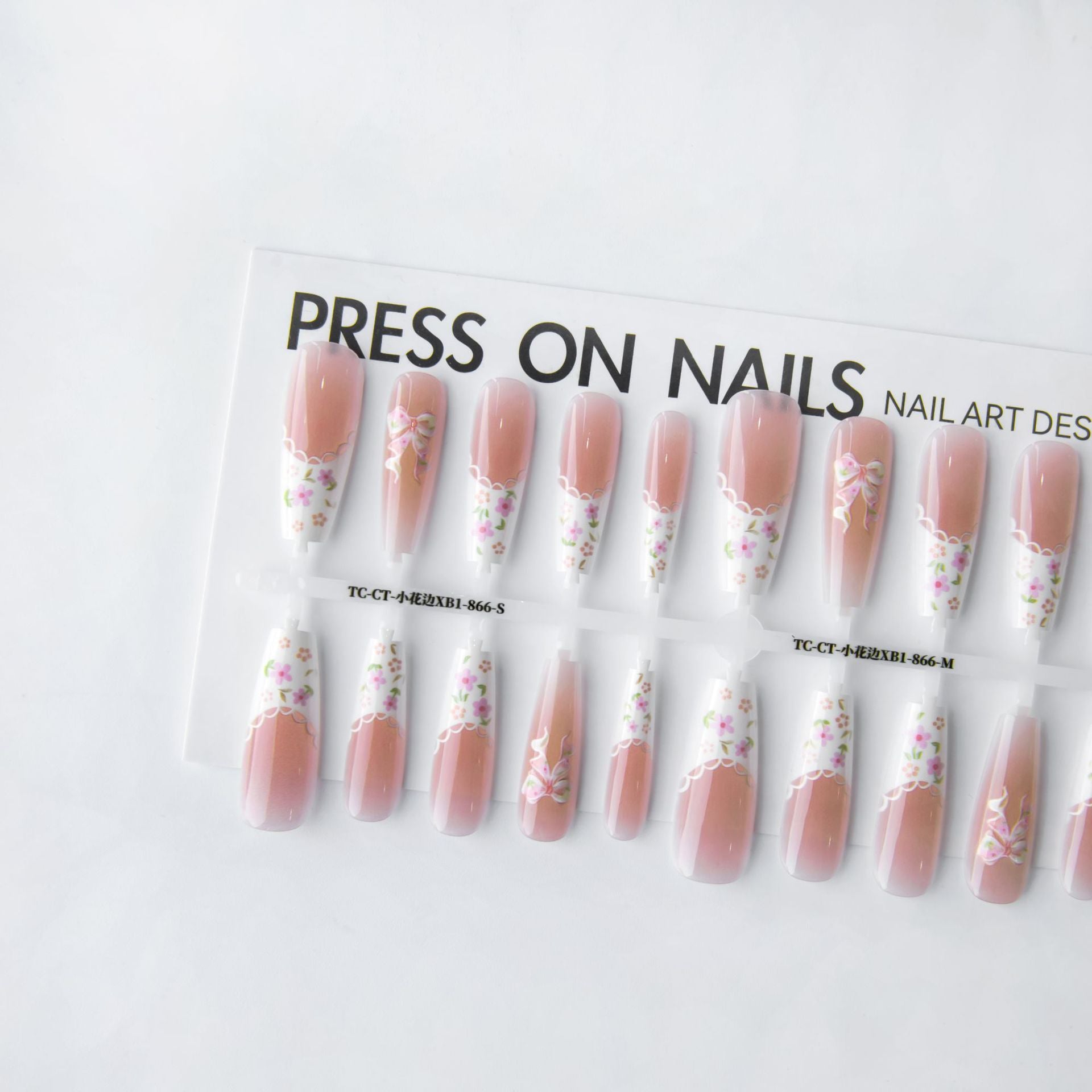 Small Floral Wear Prefabricated Nail Tip Long Ladder Velvet Seal Layer White