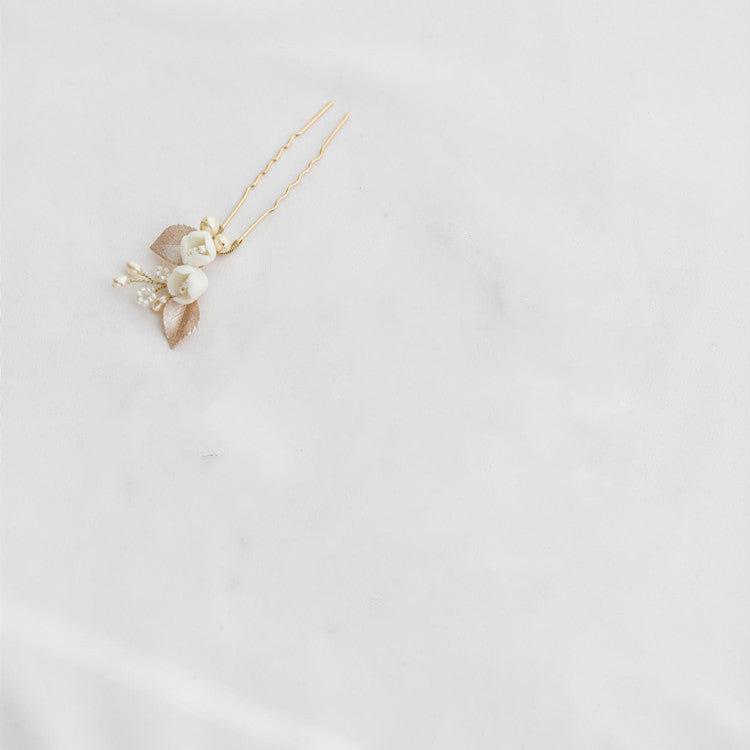 Bridal Ceramic Flower Natural Pearl Hair Fork