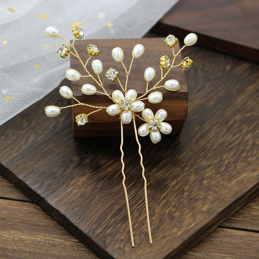 Gold Leaf Diamond Pearl U-Shaped Hairpin Pin