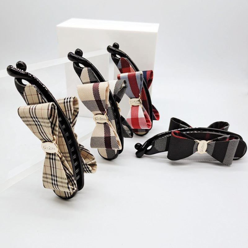 Fabric Plaid Shark Clip Hairpin Bowknot Female