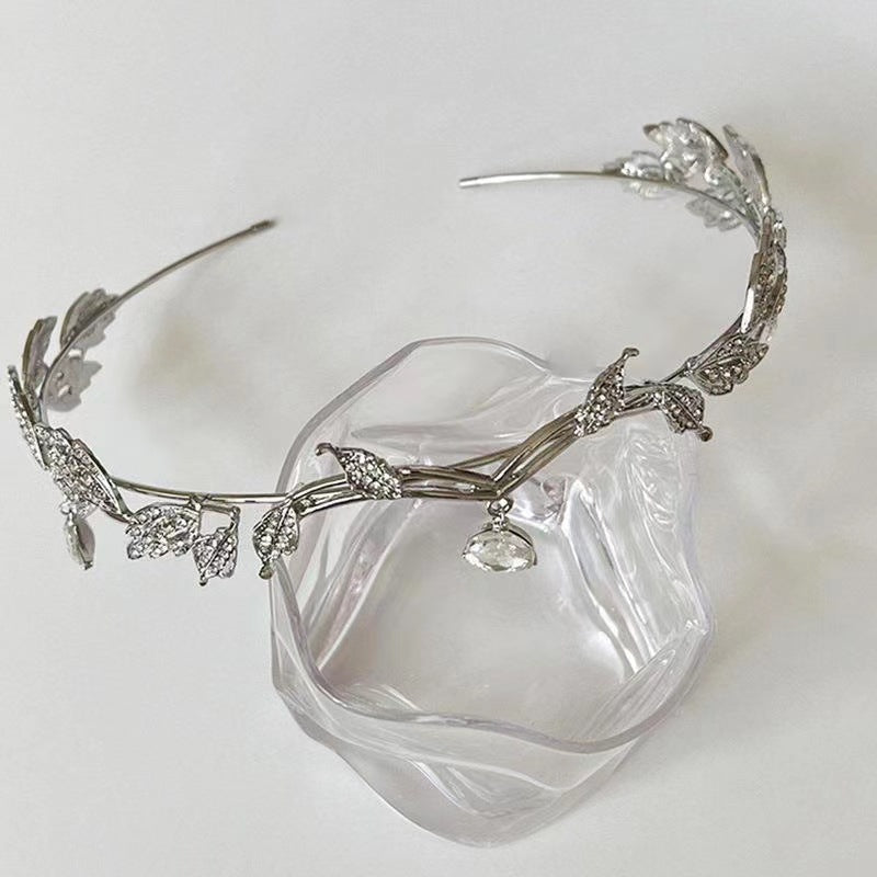 Crown Mori Style Leaves Water Drop Full Diamond Bride Forehead Ornament Super Fairy Princess On The Run Hair Band
