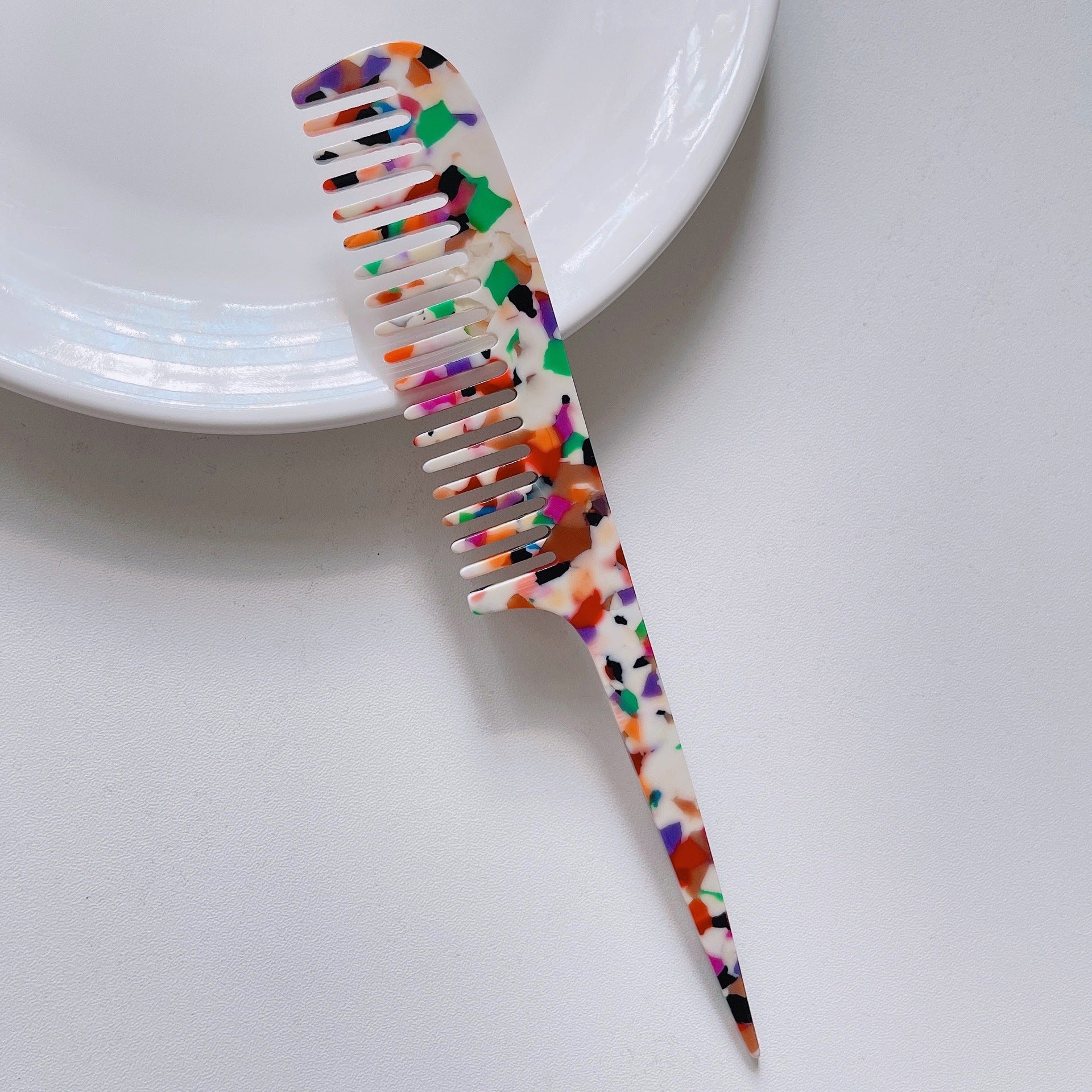 Simple Marble Texture Acetate Long Handle Pointed Tail Comb