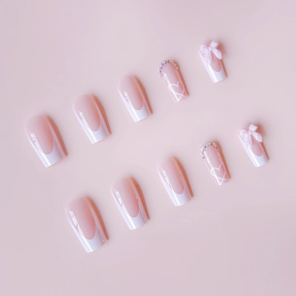 Mid-length French Style Bow Colorful Crystals Wear Nail Sticker