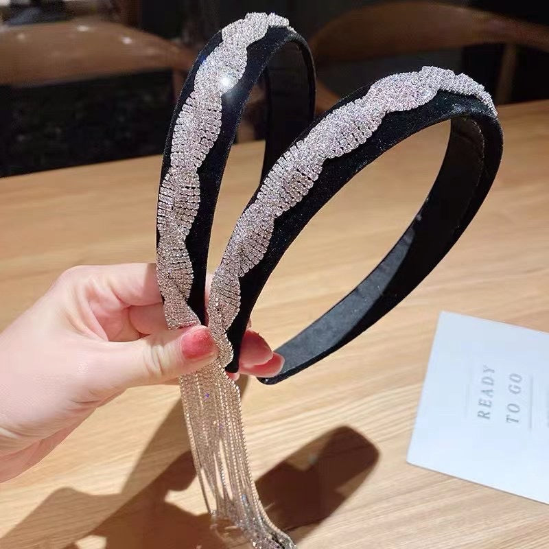 White Fringe Long Strip Shape Rhinestone Headband