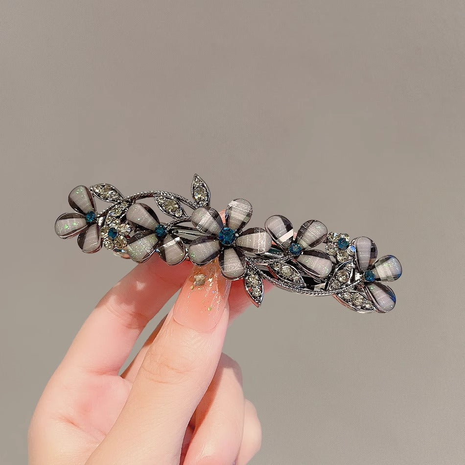 High-grade Black Rhinestone Colored Glaze Flower Spring Clip