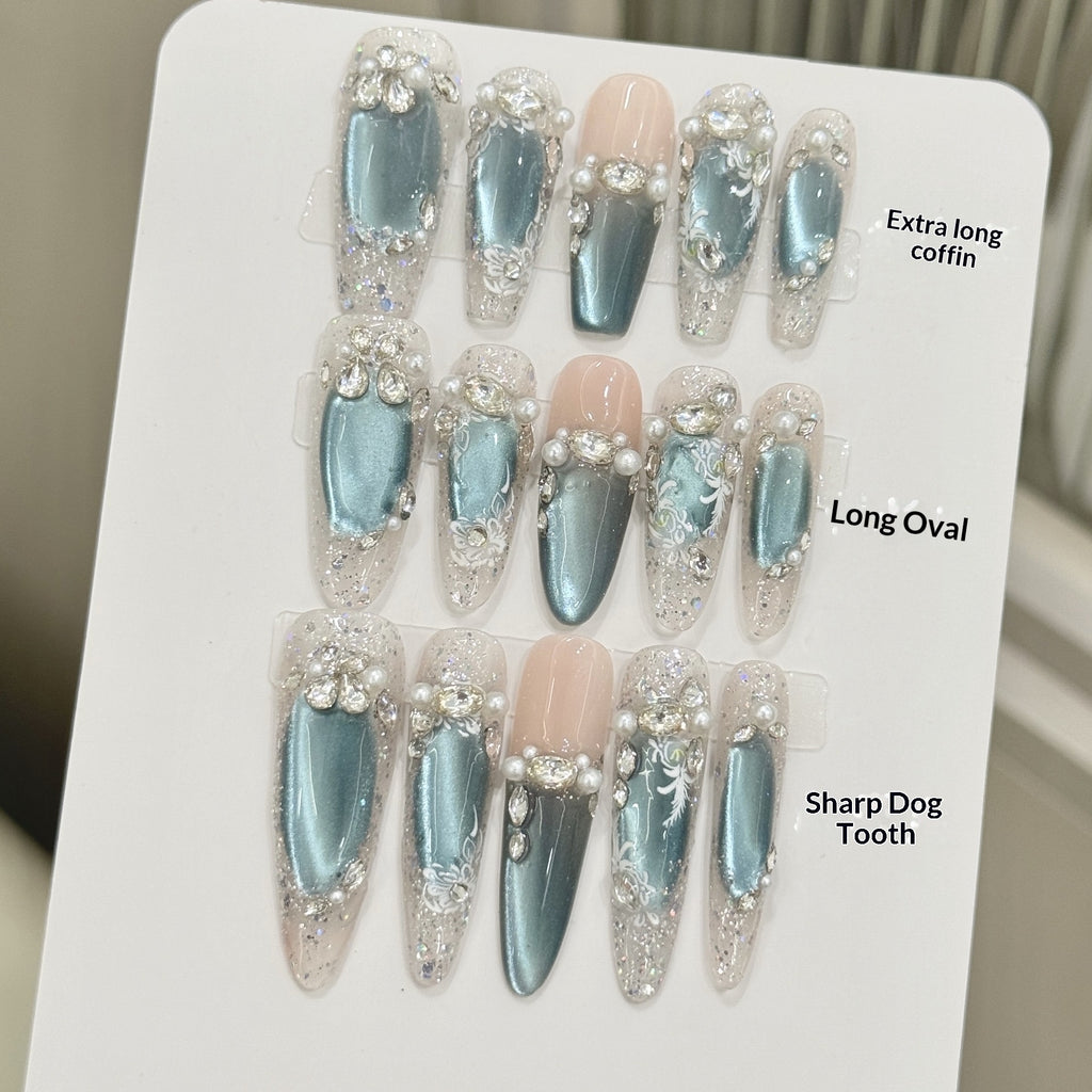 Ice-transparent Blue Crystal Cat-eye Pearl Whitening Nail Stickers