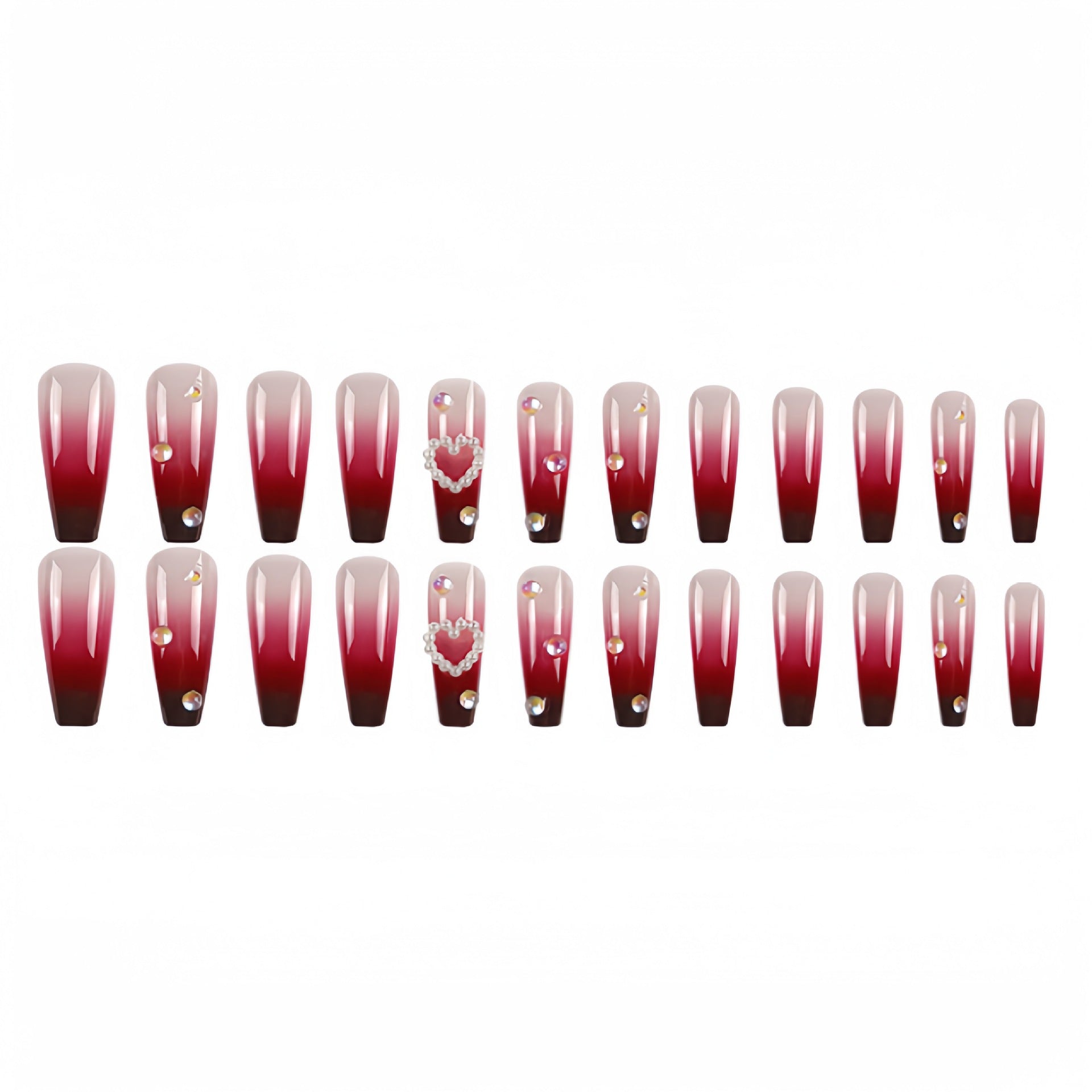 Pearl Heart Wine Red Gradient Wear Fake Nail Tip