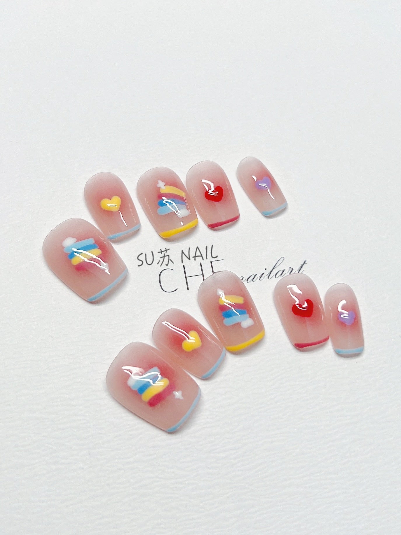 Su Chenailart Handmade Custom Wear Nail Rainbow Candy