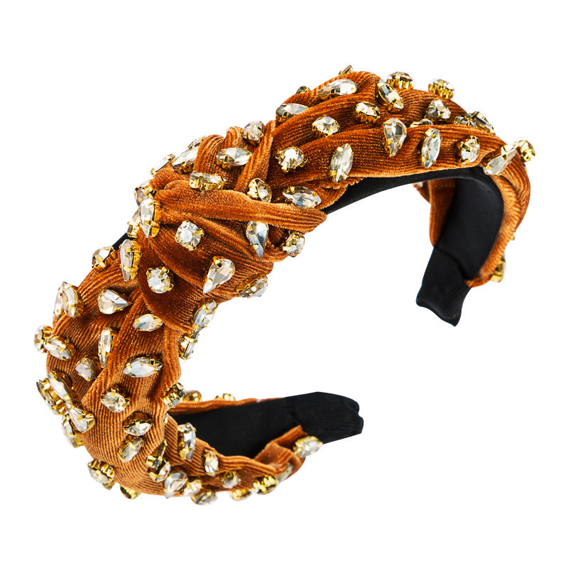 Fashion Gold Velvet Hand-stitched Full Diamond Headband