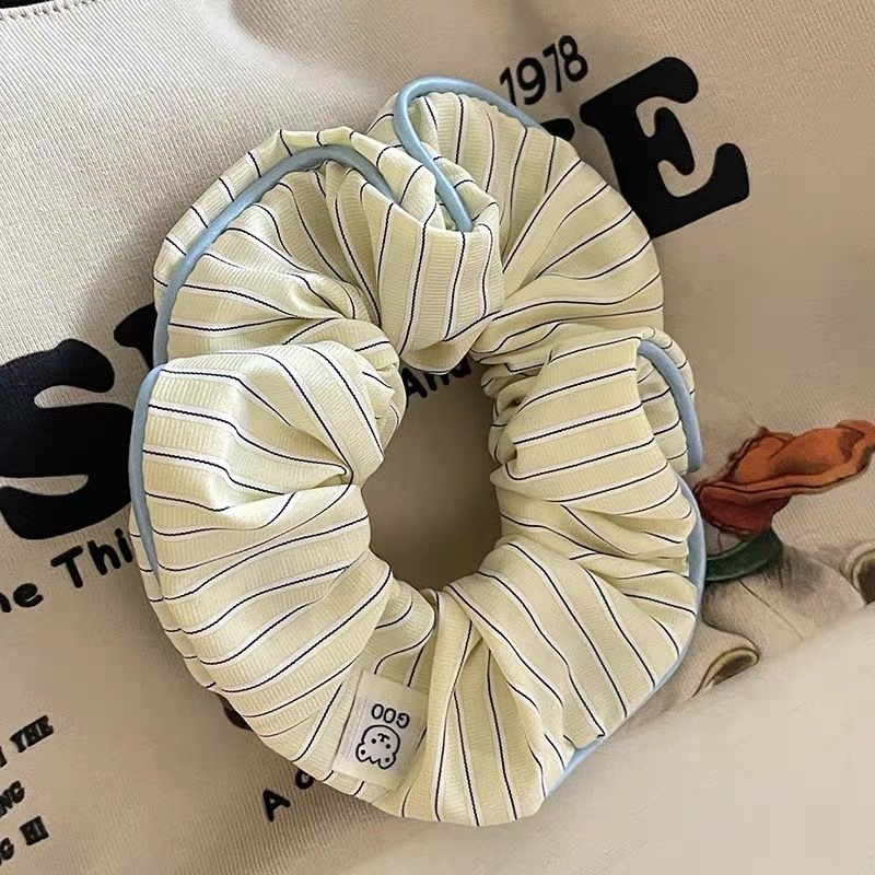 Cream-colored Contrast-striped Hair Accessory With A Sweet Little Bear Designa Chic Scrunchie