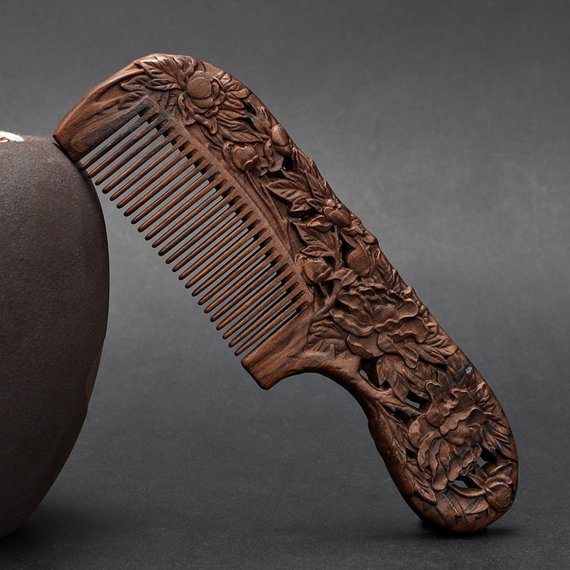 Wooden Ebony With Handle 180 Double-sided Carved Comb