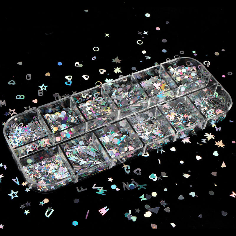 New 12-grid Boxed Mixed Color Nail Sequins Laser Maple Leaf Stars Heart DIY Ornament