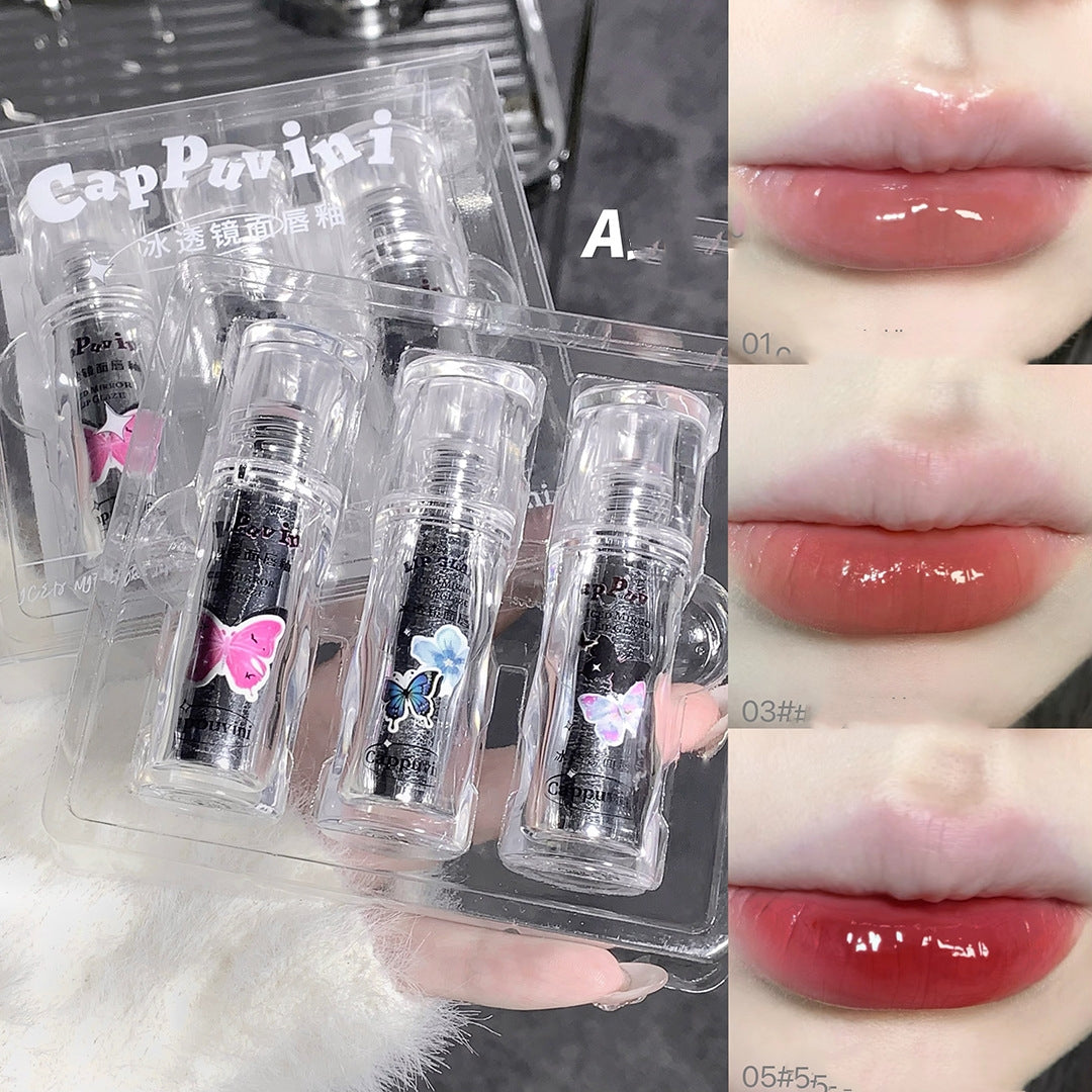 Cappuvini Three Per Package Suit Butterfly Cute Mirror Water Light Lip Lacquer Show