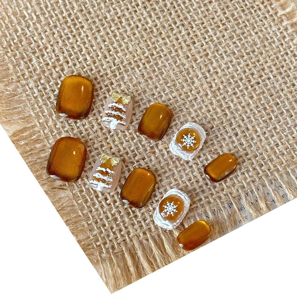 Caramel Micro Glass Bead Cat's Eye Hand-painted Cream Cartoon Snowflake Tree Cute Short Nail Handmade Wear Nail
