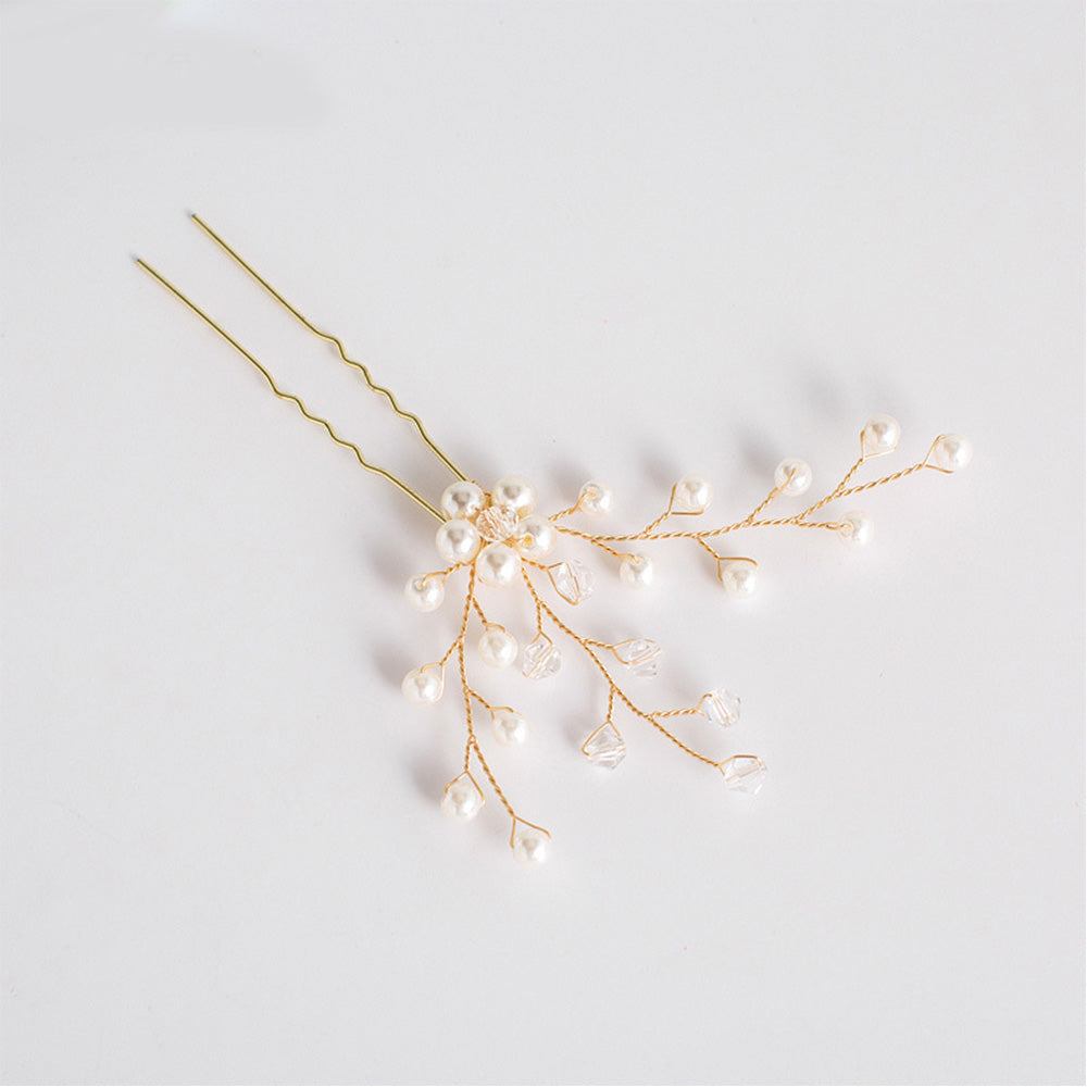 Gold Leaf Diamond Pearl U-Shaped Hairpin Pin
