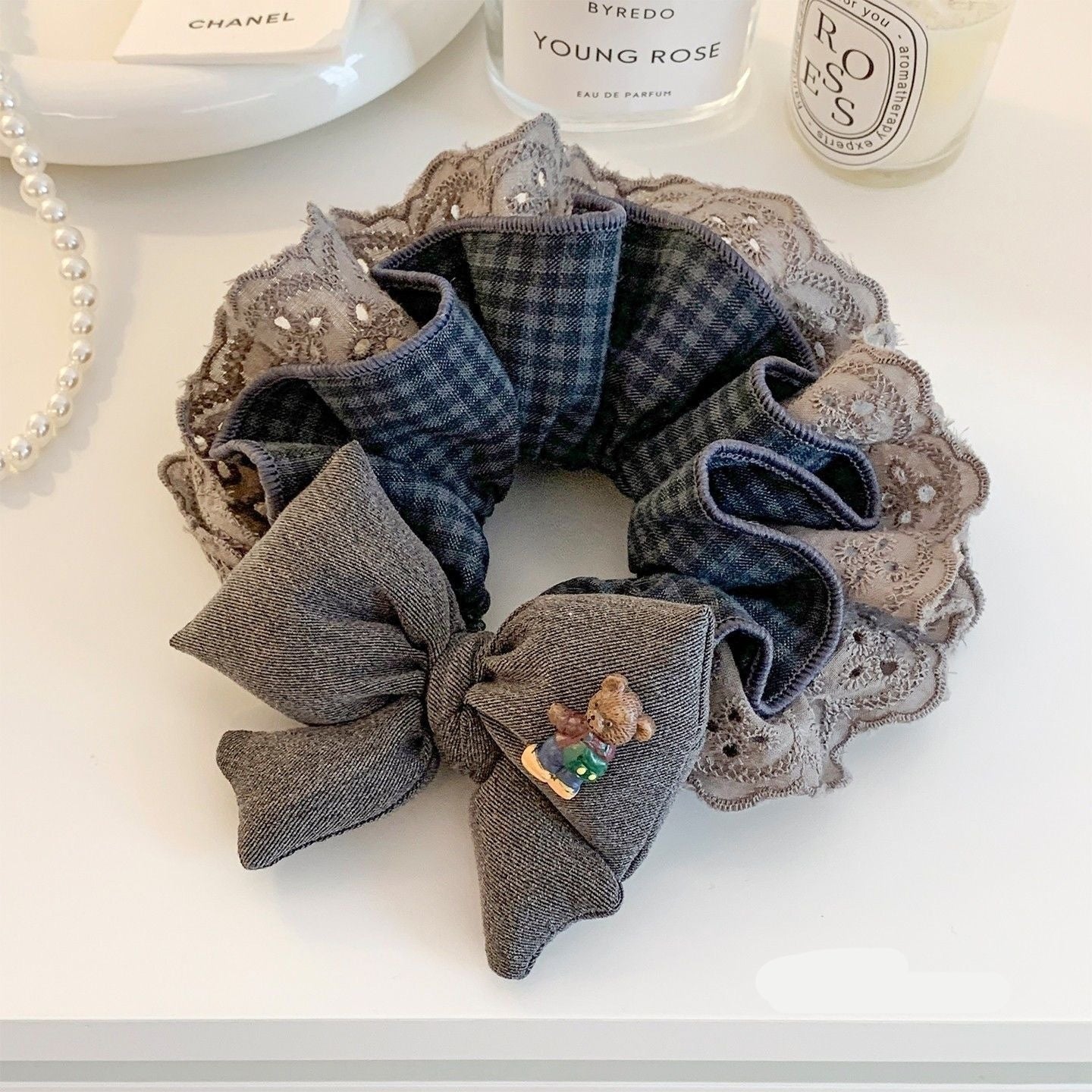 Stylish Gray Lace Plaid Bow Hair Tie For Women