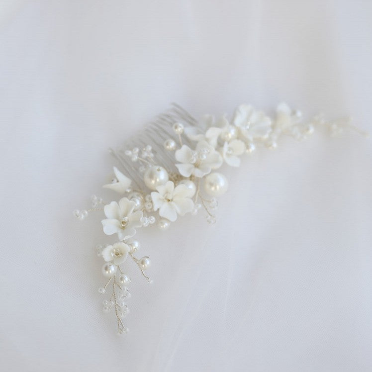 White Ceramic Flower Bridal Hair Comb Shell
