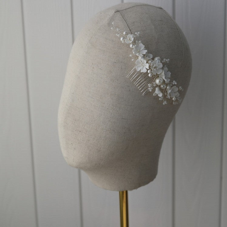 White Ceramic Flower Bridal Hair Comb Shell
