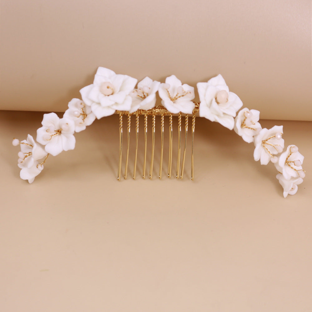 White Ceramic Flower Crystal Hair Comb