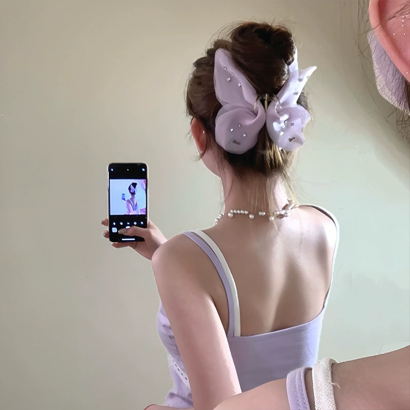 New Tulle Butterfly High-grade Headdress Barrettes Women's French Retro Simple Mesh Solid Color French Super Fairy Grip